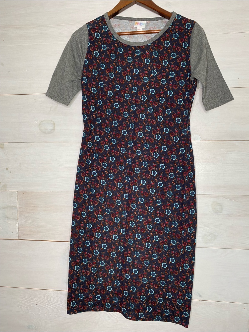 LuLaRoe Nicole Dress Women's Small Black Multi Floral Print Gray Sleeves Midi